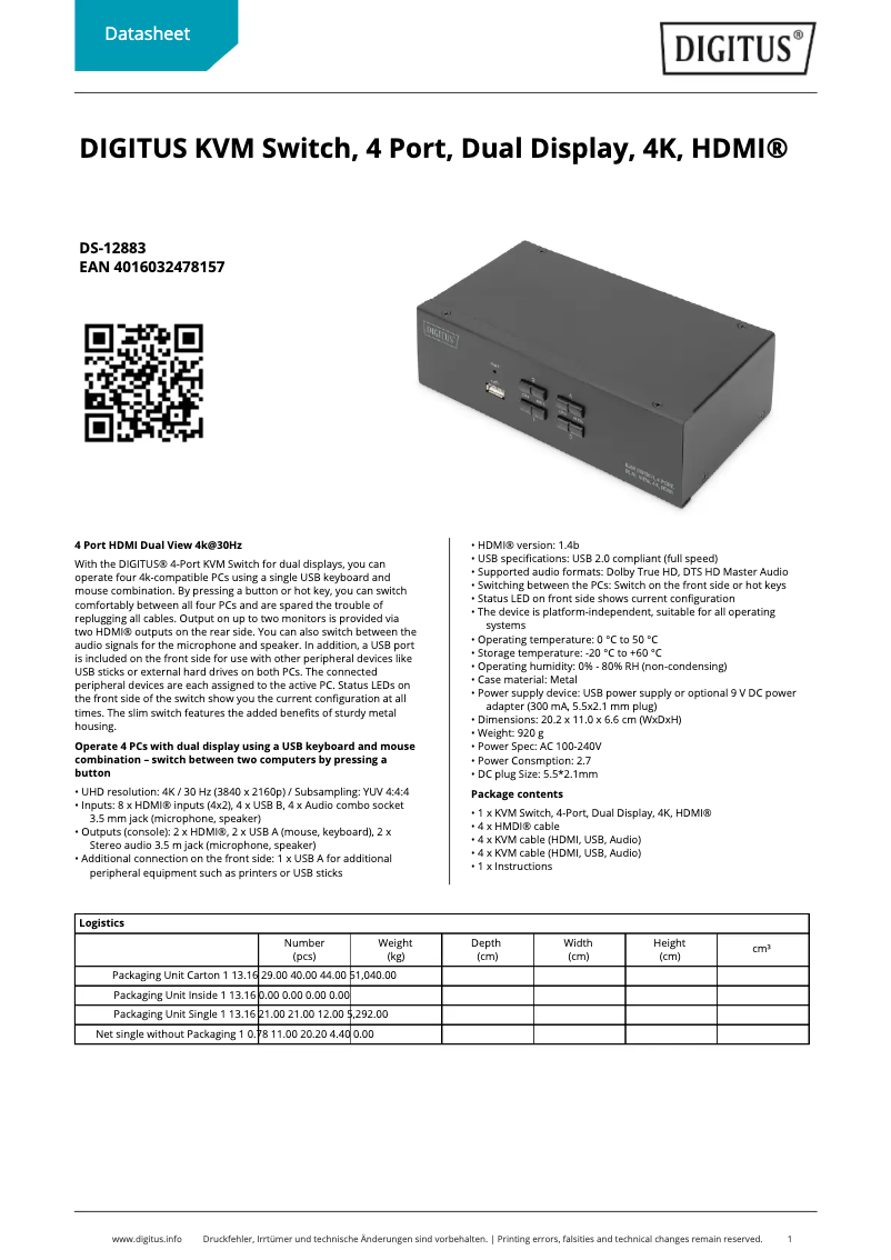 Page 1 de la notice Fiche technique Digitus DS-12883