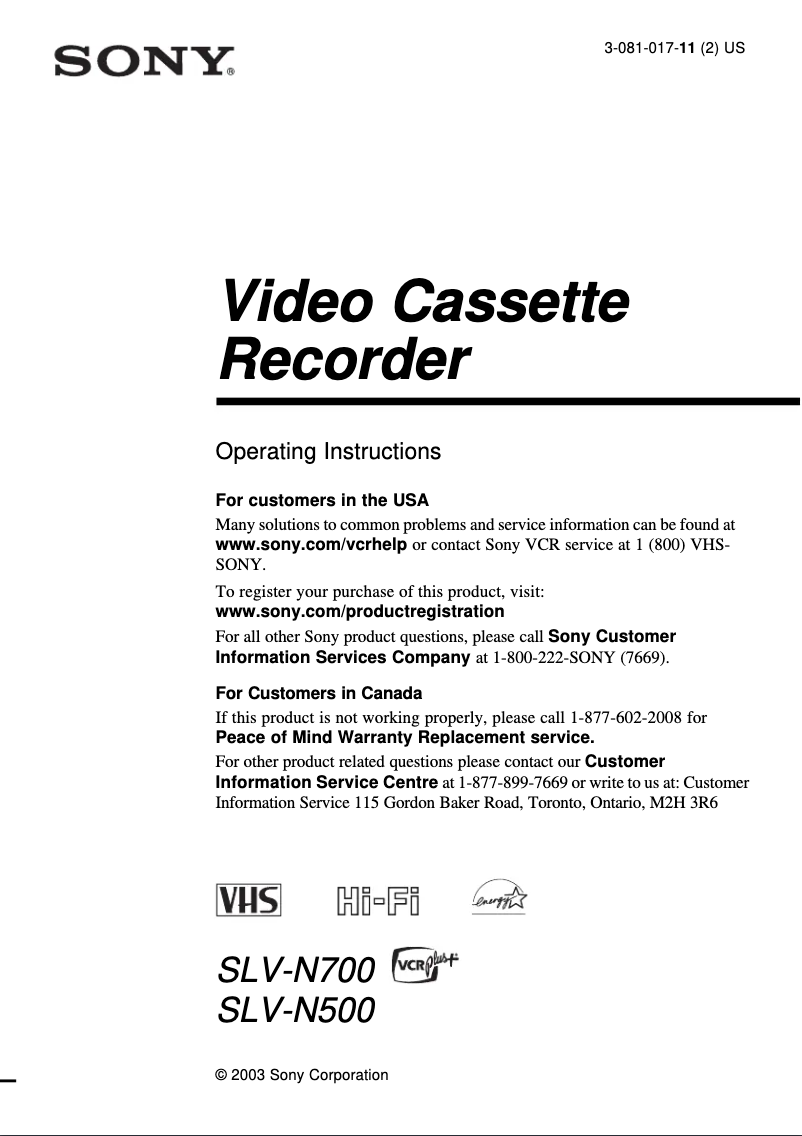 Page 1 de la notice Manuel utilisateur Sony SLV-N500