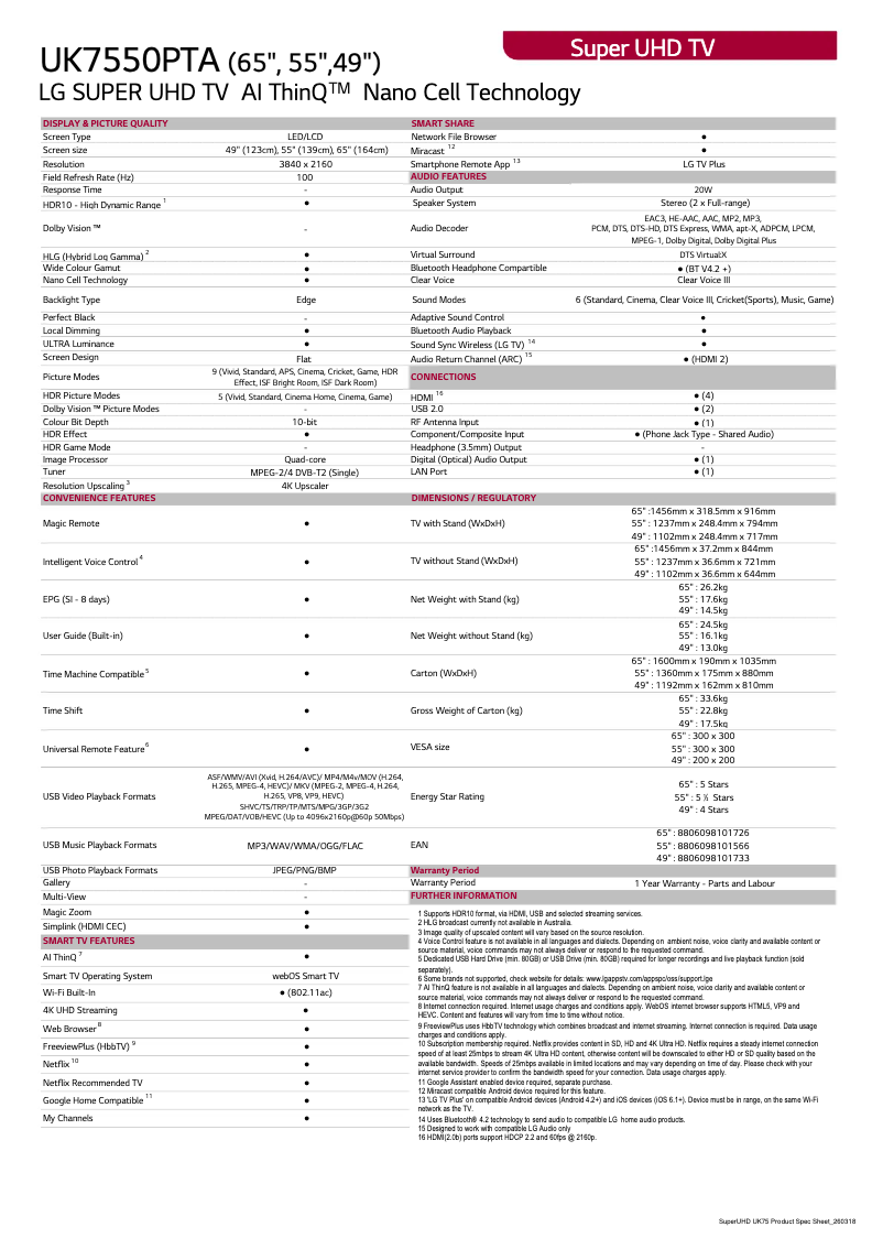 Page n°1 - Fiche technique LG 65UK7550