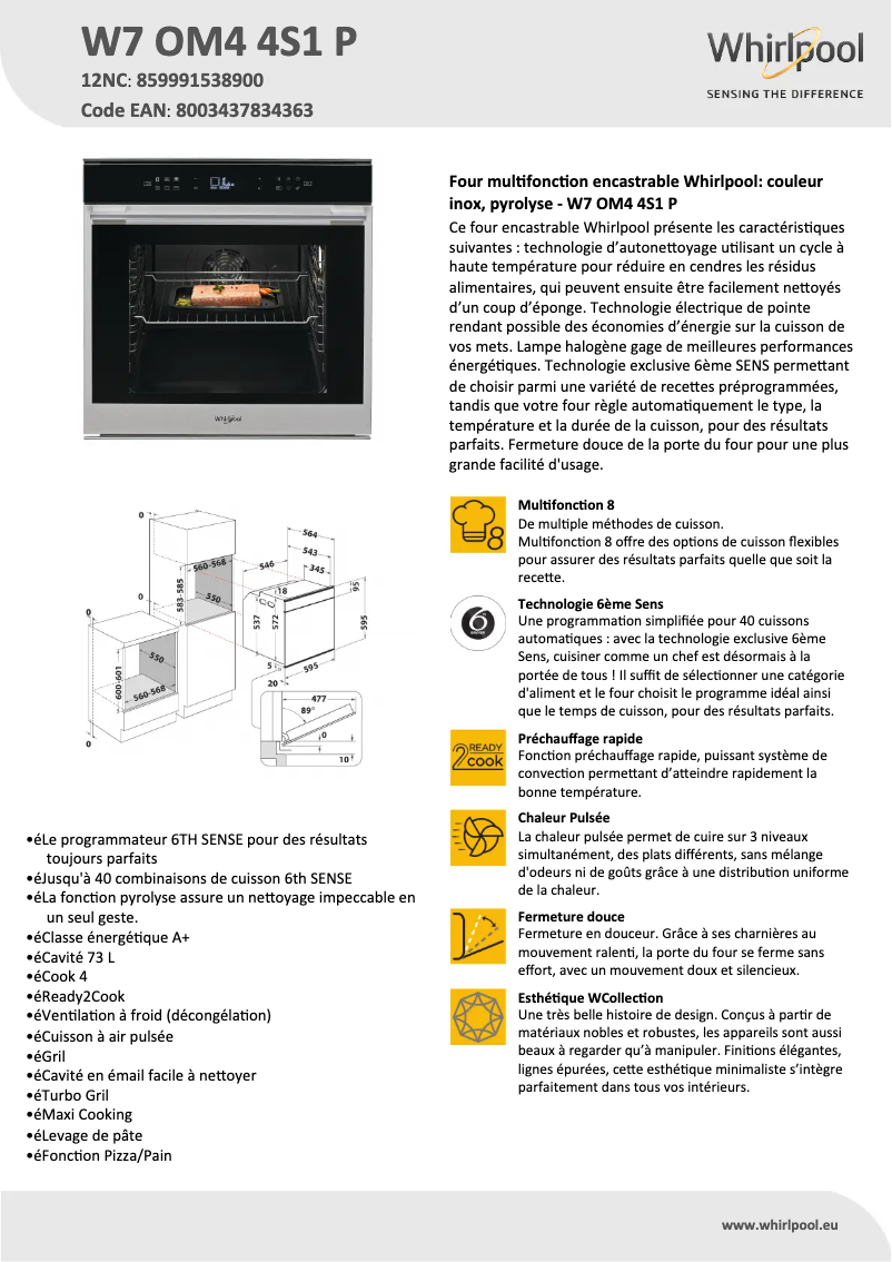 Page 1 de la notice Fiche technique Whirlpool W7 OM4 4S1 P