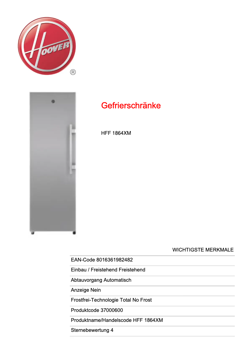 Page 1 de la notice Fiche technique Hoover HFF 1864XM