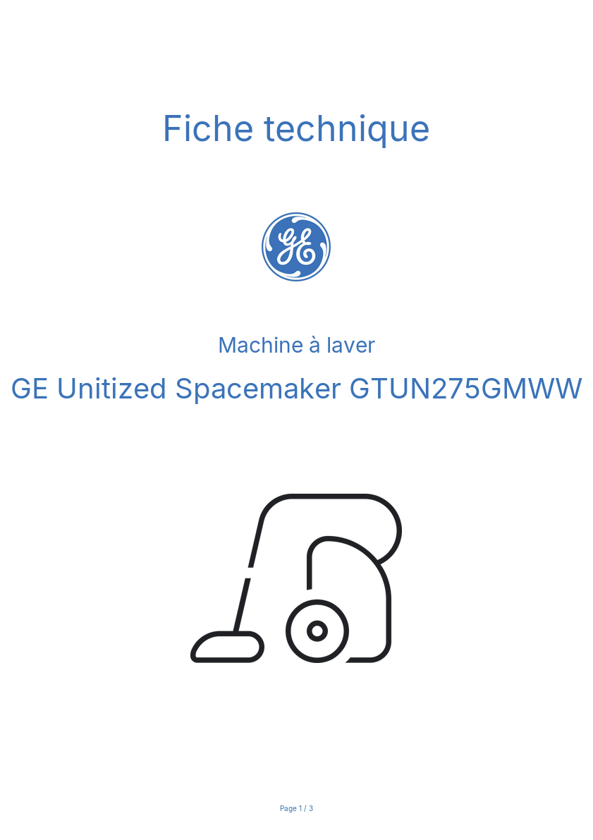 Page n°1 - Fiche technique GE Unitized Spacemaker GTUN275GMWW