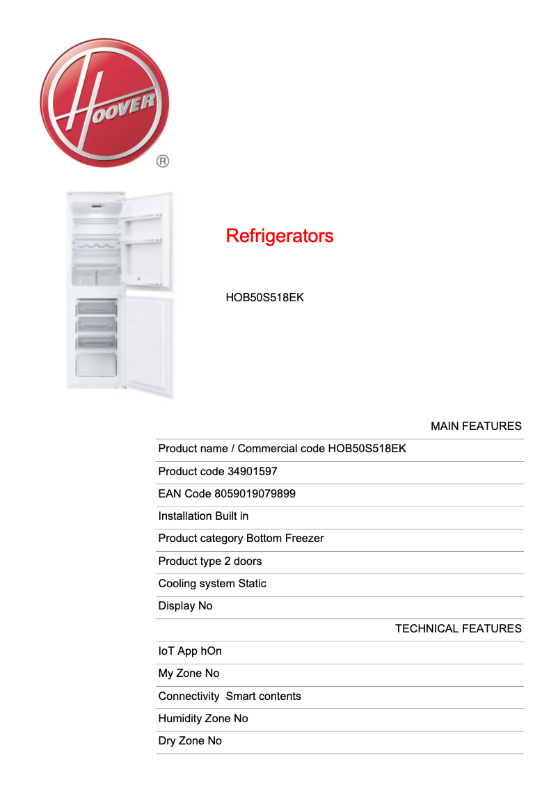 Página 1 del manual Ficha técnica Hoover HOB50S518EK