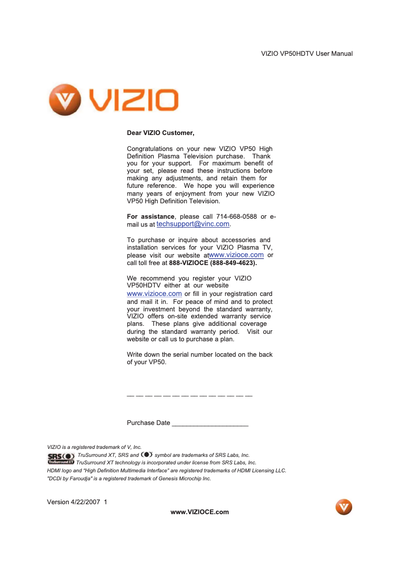 Page 1 de la notice Manuel utilisateur VIZIO VP50HDTV10A