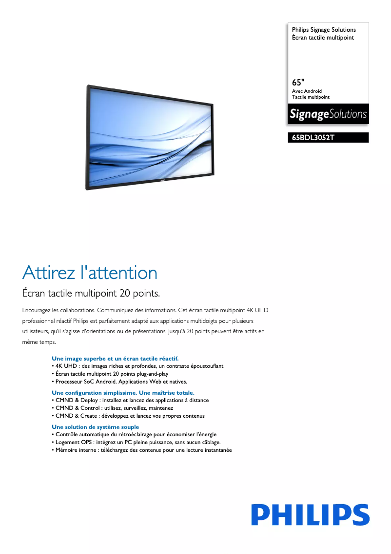 Page 1 de la notice Fiche technique Philips Signage Solutions 65BDL3052T