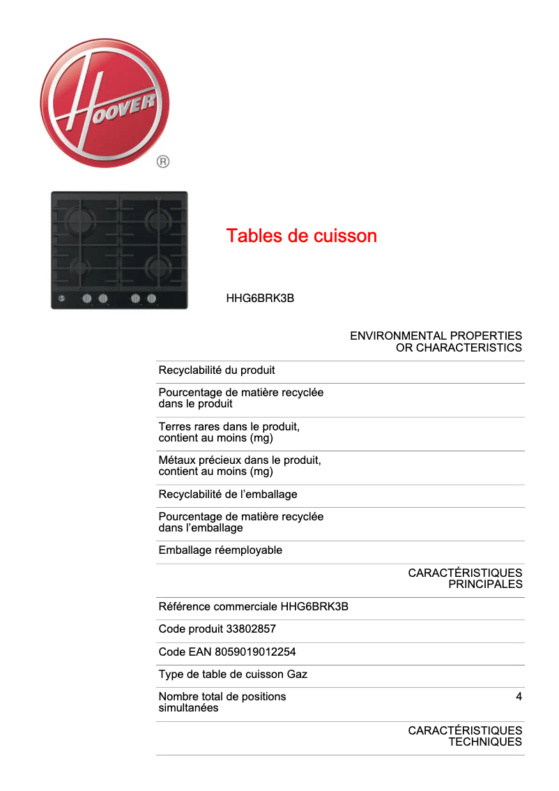 Page 1 de la notice Fiche technique Hoover H-HOB 300 HHG6BRK3B