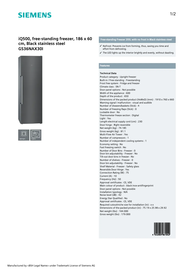 Page n°1 - Fiche technique Siemens GS36NAX30I