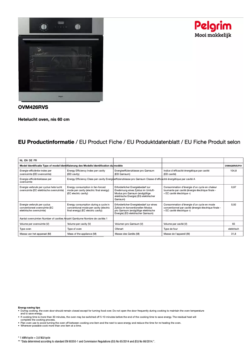 Page 1 de la notice Fiche technique Pelgrim OVM426MAT
