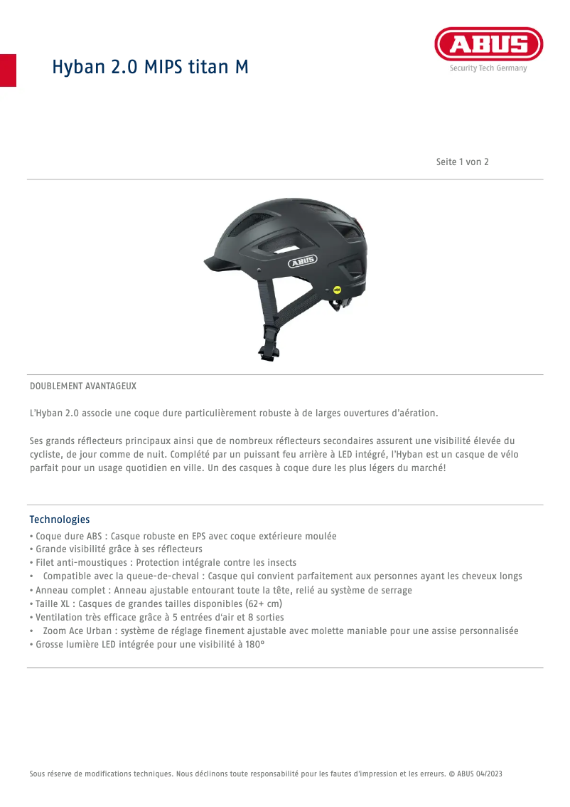 Page n°1 - Fiche technique Abus Hyban 2.0 MIPS