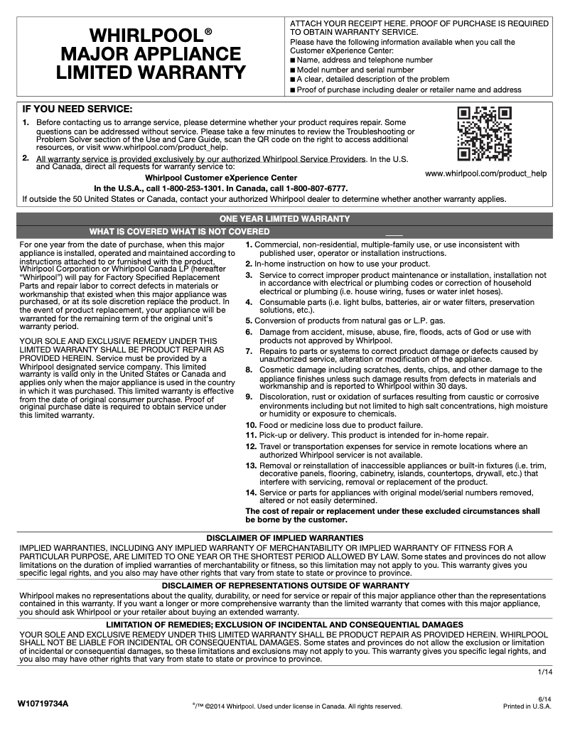 Página 1 del manual Información de garantía Whirlpool WFE550S0HB