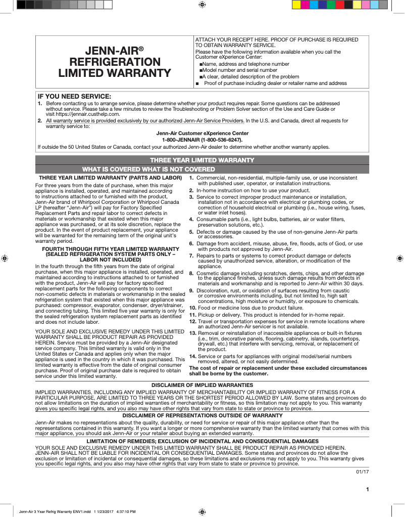 Page 1 de la notice Informations de garantie JennAir JIM159XYCX
