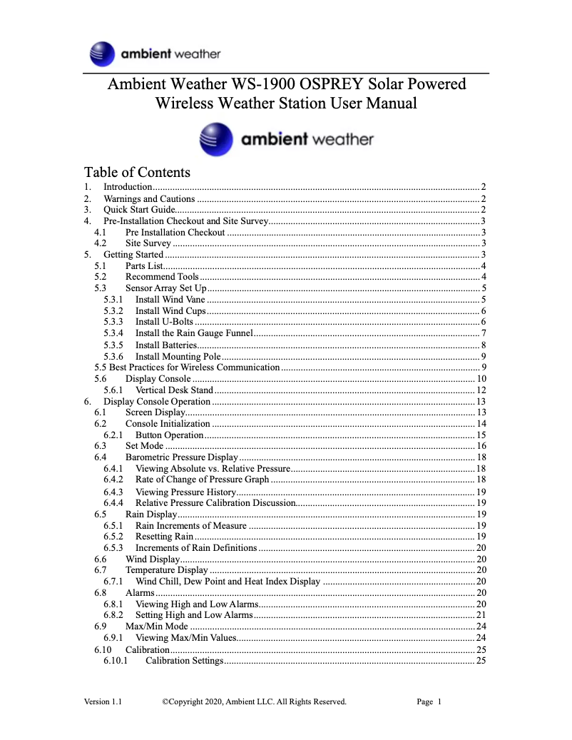 Page 1 de la notice Manuel utilisateur Ambient Weather WS-1900
