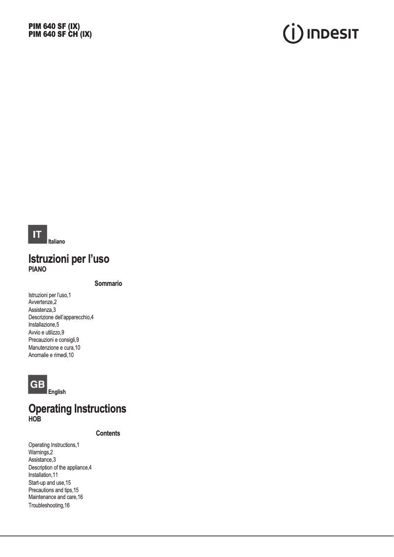 Page n°1 - Manuel utilisateur Indesit PIM 640 SF CH (IX)