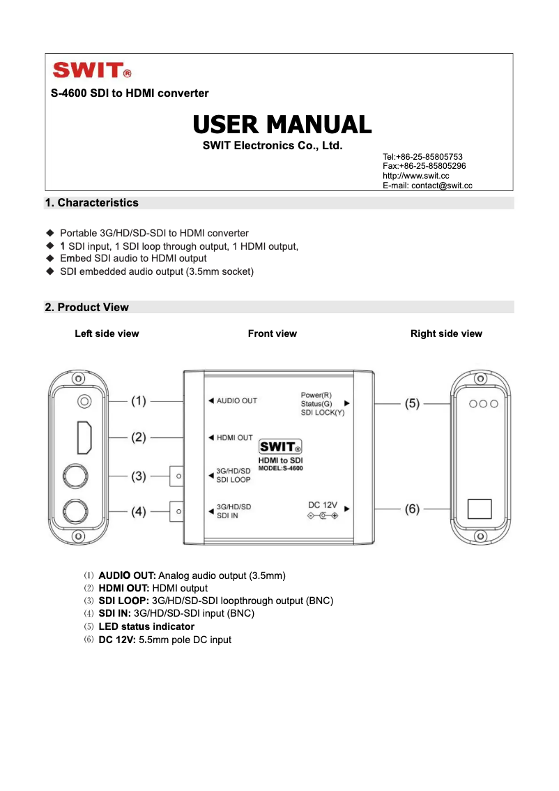 Page 1 de la notice Manuel utilisateur SWIT S-4600