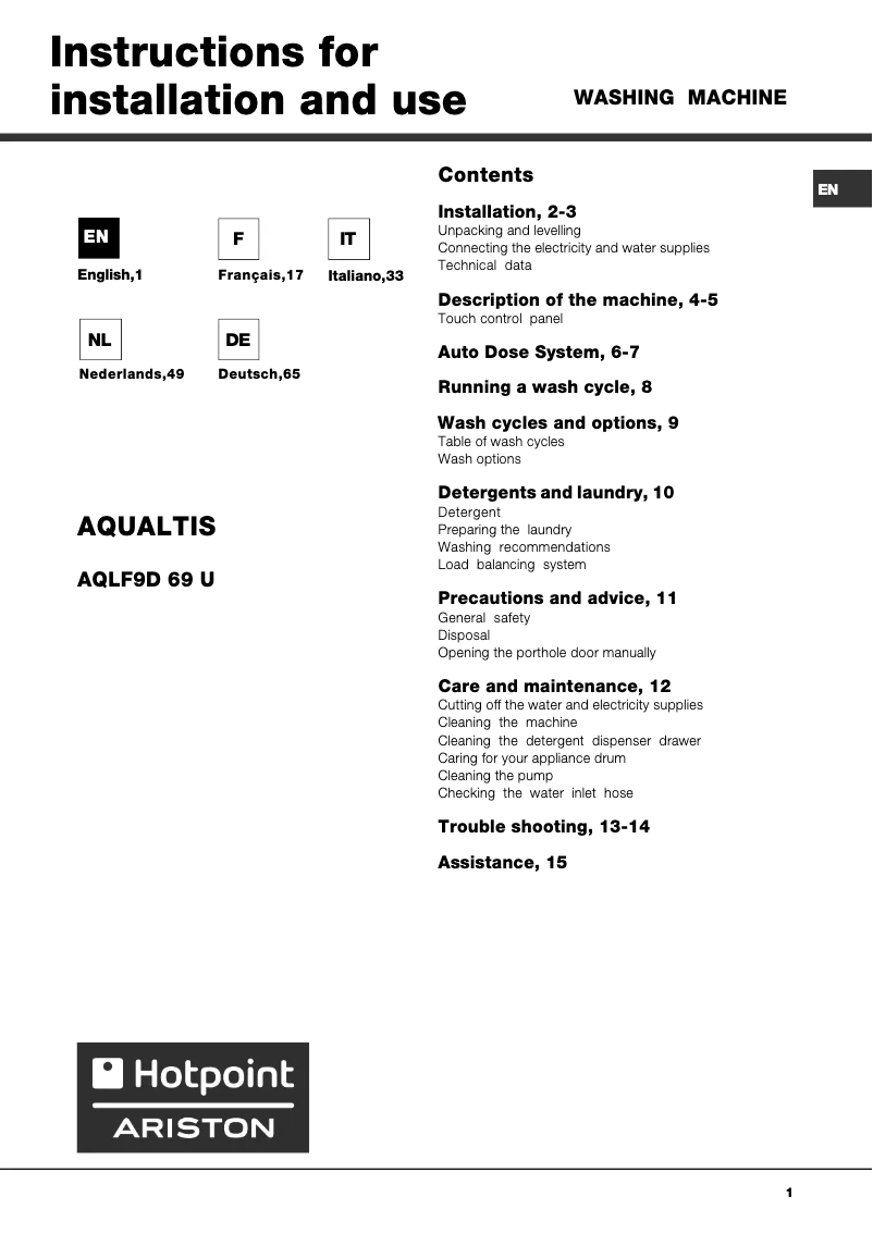 Image de la première page du manuel de l'appareil Aqualtis AQLF9D 69 U /A