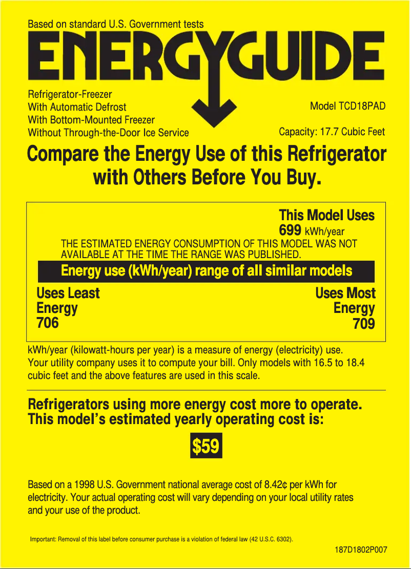 Page 1 de la notice Label énergétique GE Profile TCX18PADBB
