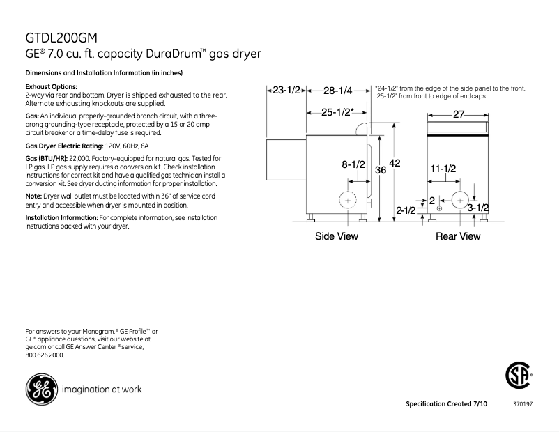 Page n°1 - Fiche technique GE GTDL200GMWW