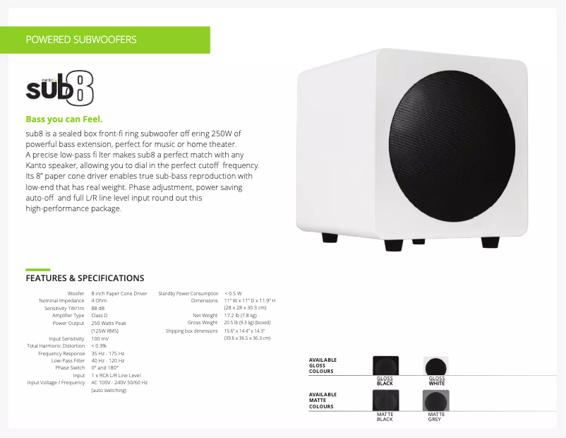 Page 1 de la notice Fiche technique Kanto SUB8