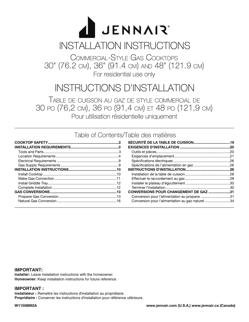 Page n°1 - Guide d'installation Jenn-Air JGCP430HL