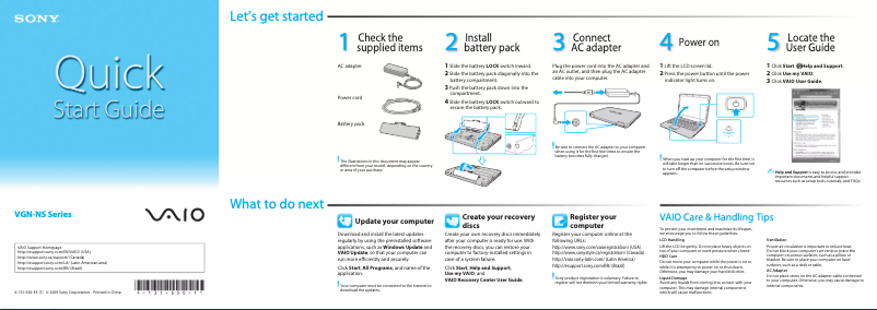 Page 1 de la notice Guide d'installation Sony Vaio VGN-NS230D