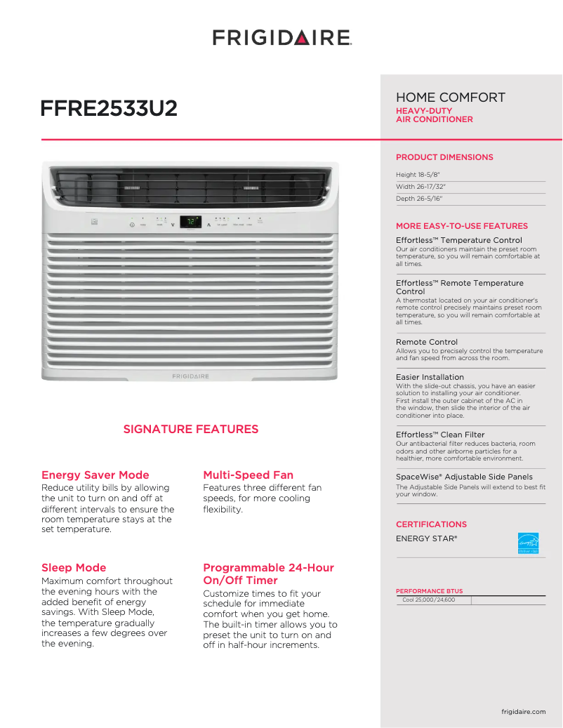 Page 1 de la notice Fiche technique Frigidaire FFRE2533U2