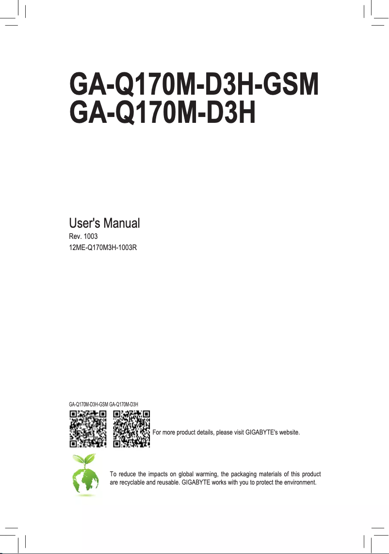 Page 1 de la notice Manuel utilisateur Gigabyte GA-Q170M-D3H-GSM