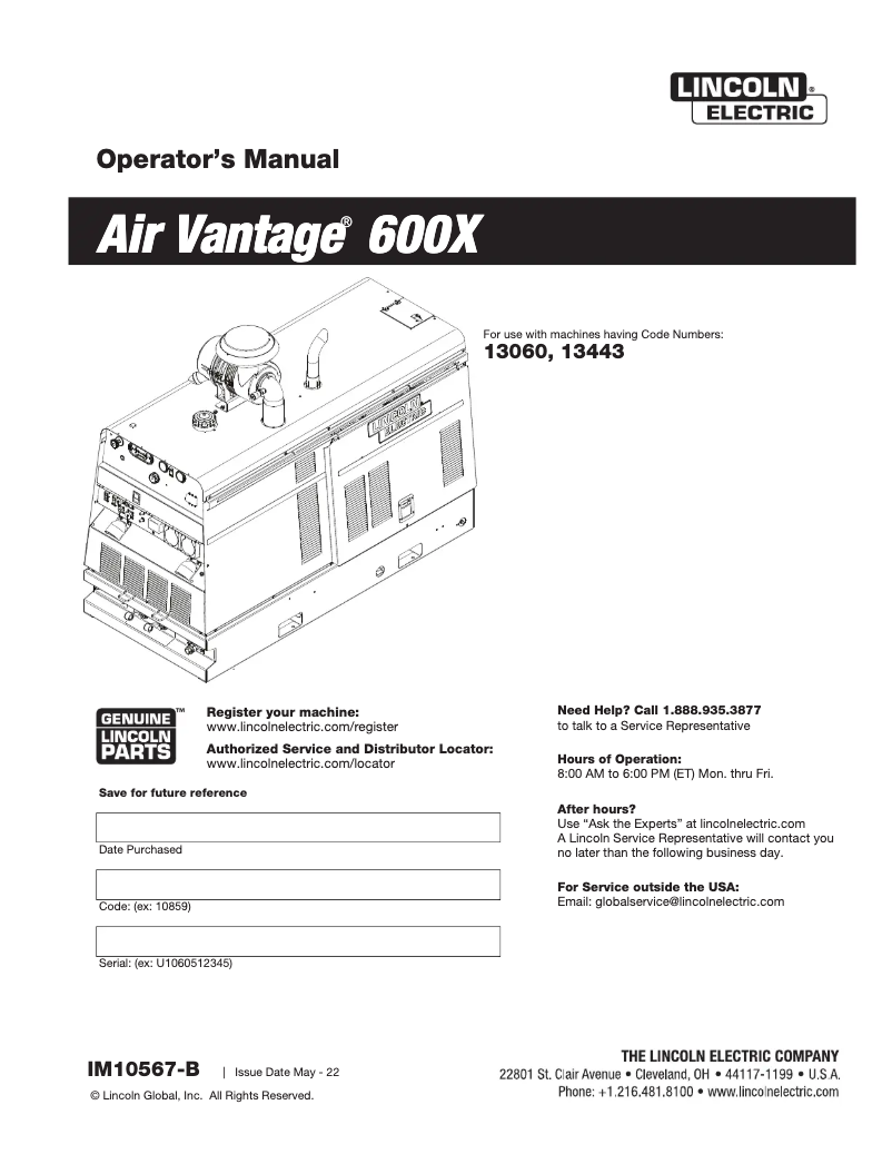 Page 1 de la notice Manuel utilisateur Lincoln Electric Air Vantage 600X