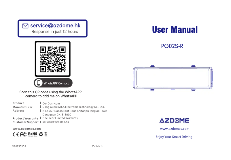 Page 1 de la notice Manuel utilisateur AZDome PG02S-R