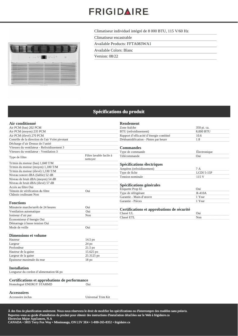 Page 1 de la notice Fiche technique Frigidaire FFTA083WA1