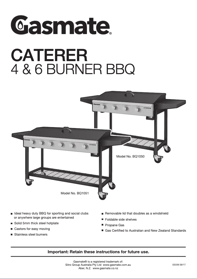 Page n°1 - Manuel utilisateur Gasmate Caterer BQ1050
