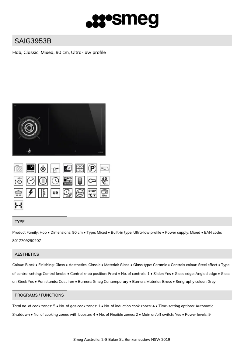 Page 1 de la notice Fiche technique Smeg SAIG3953B