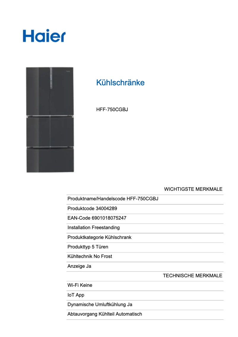 Page n°1 - Label énergétique Haier HFF-750CGBJ