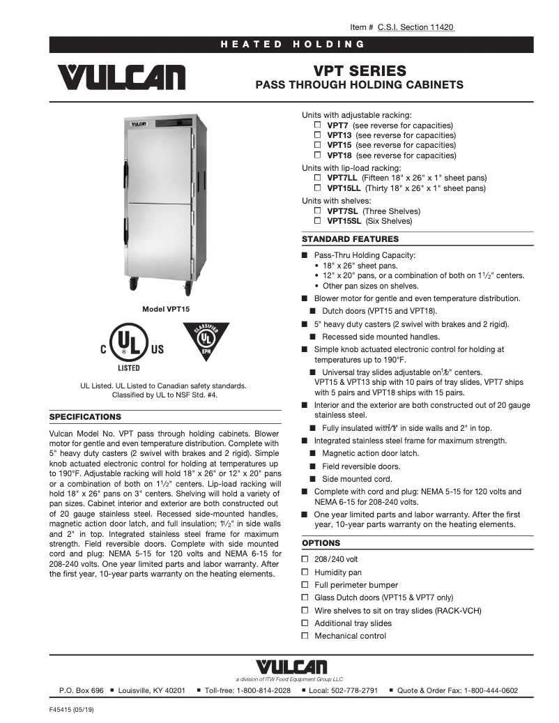 Page 1 de la notice Fiche technique Vulcan VPT18