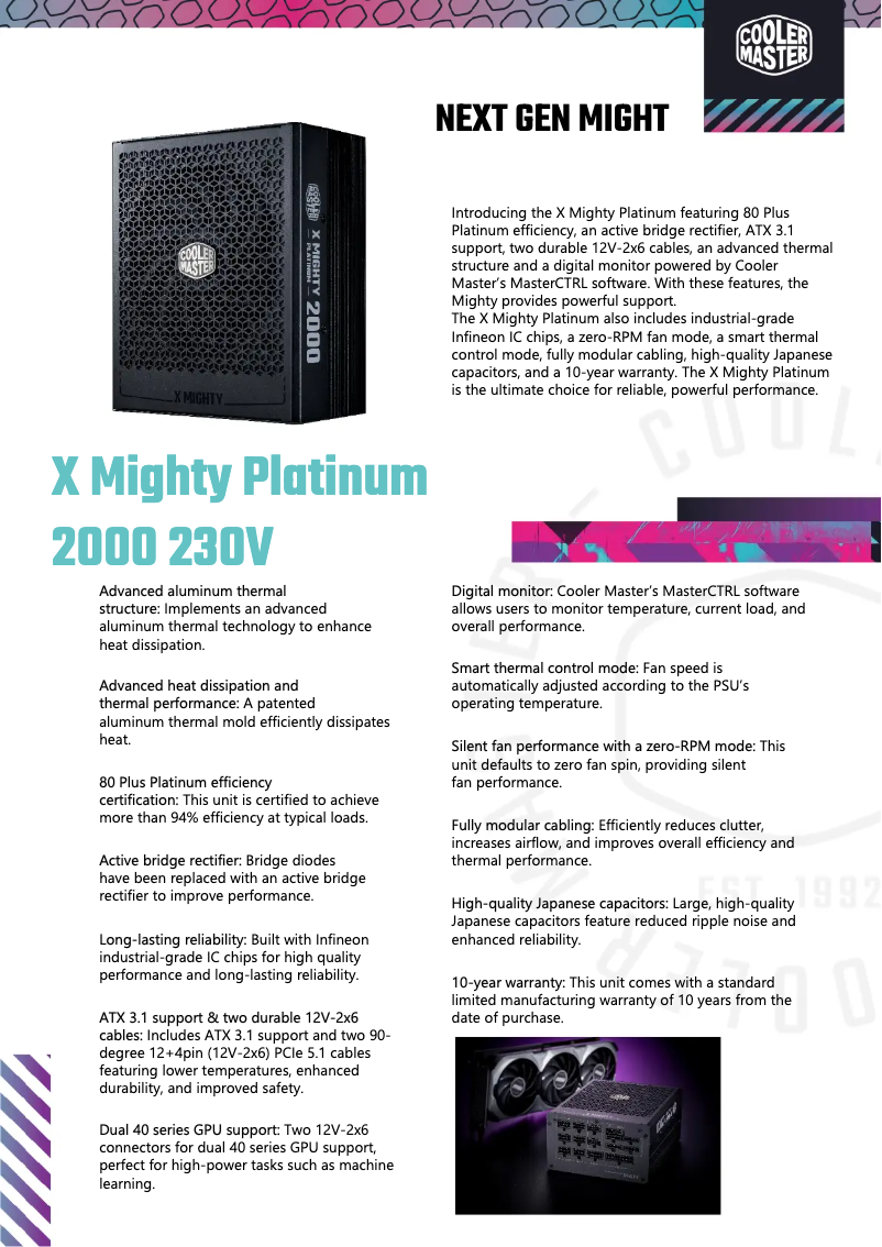 Page 1 of the manual Technical Sheet Cooler Master X Mighty Platinum 2000