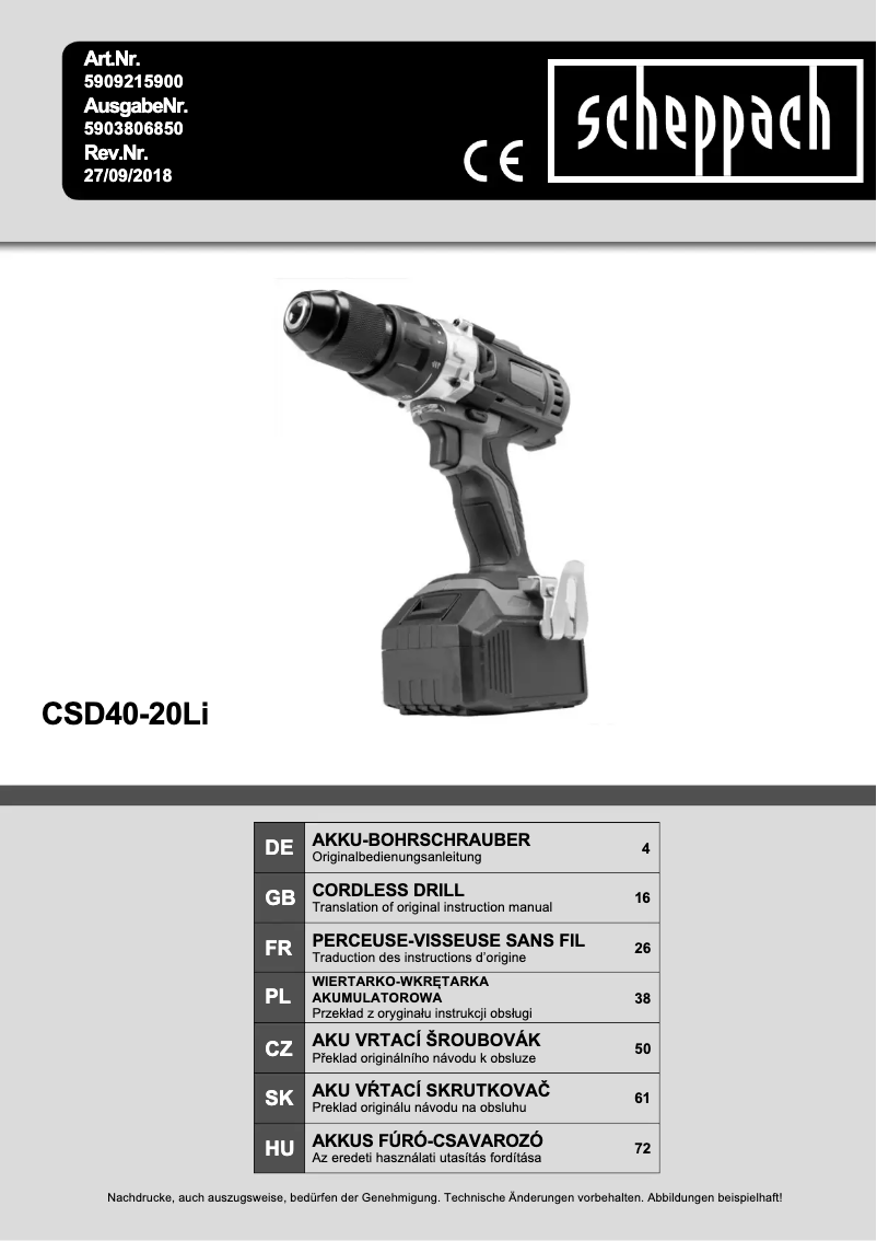 Page 1 de la notice Manuel utilisateur Scheppach CSD40-20Li