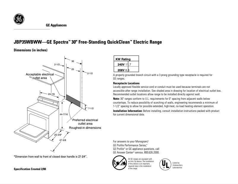 Page n°1 - Fiche technique GE Spectra JBP35WBWW