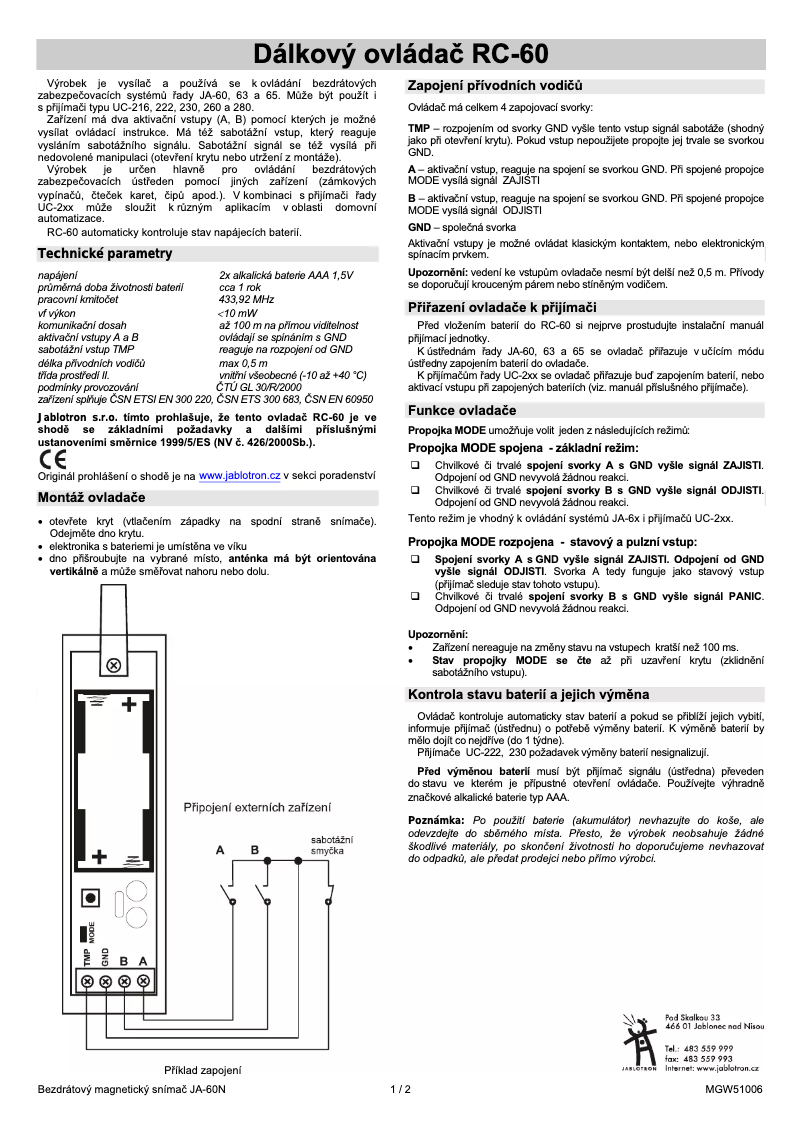 Page 1 de la notice Manuel utilisateur Joblotron RC-60