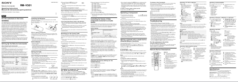Page 1 de la notice Manuel utilisateur Sony RM-V301