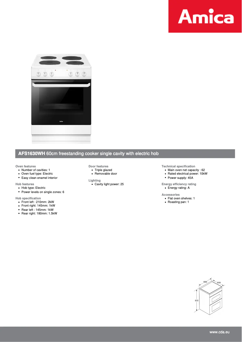 Page n°1 - Fiche technique Amica AFS1630WH