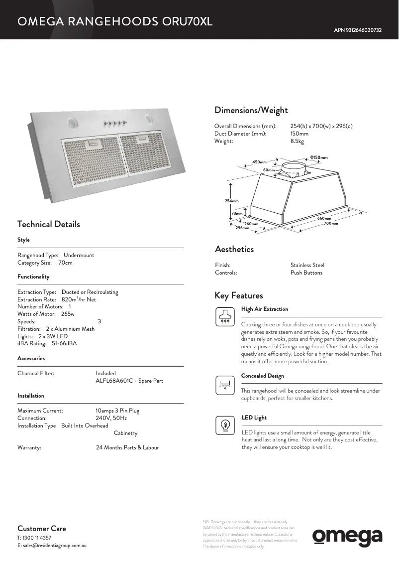 Page n°1 - Fiche technique Omega ORU70XL