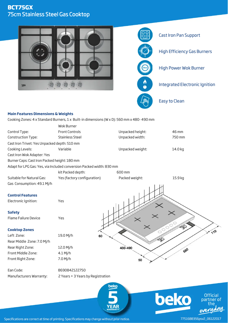 Page 1 de la notice Fiche technique Beko BCT75GX