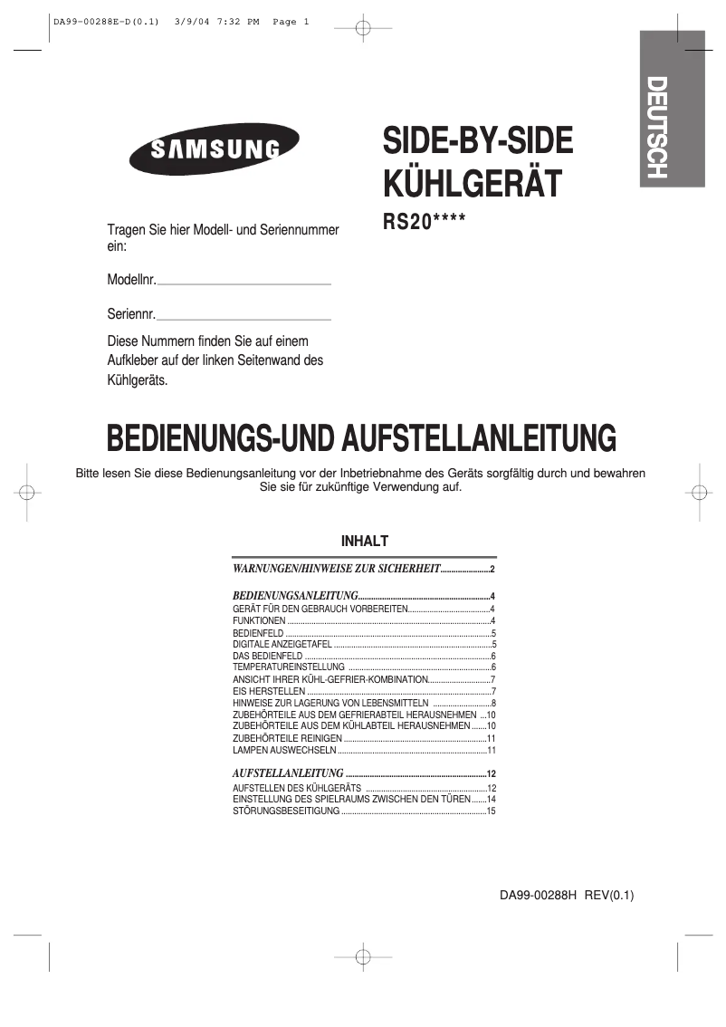 Page 1 de la notice Manuel utilisateur Samsung RS20CCLS