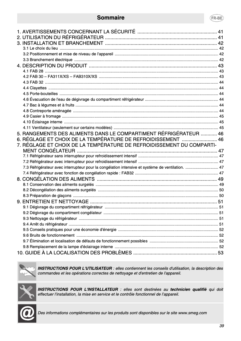 Page 1 de la notice Manuel utilisateur Smeg FAB30X6