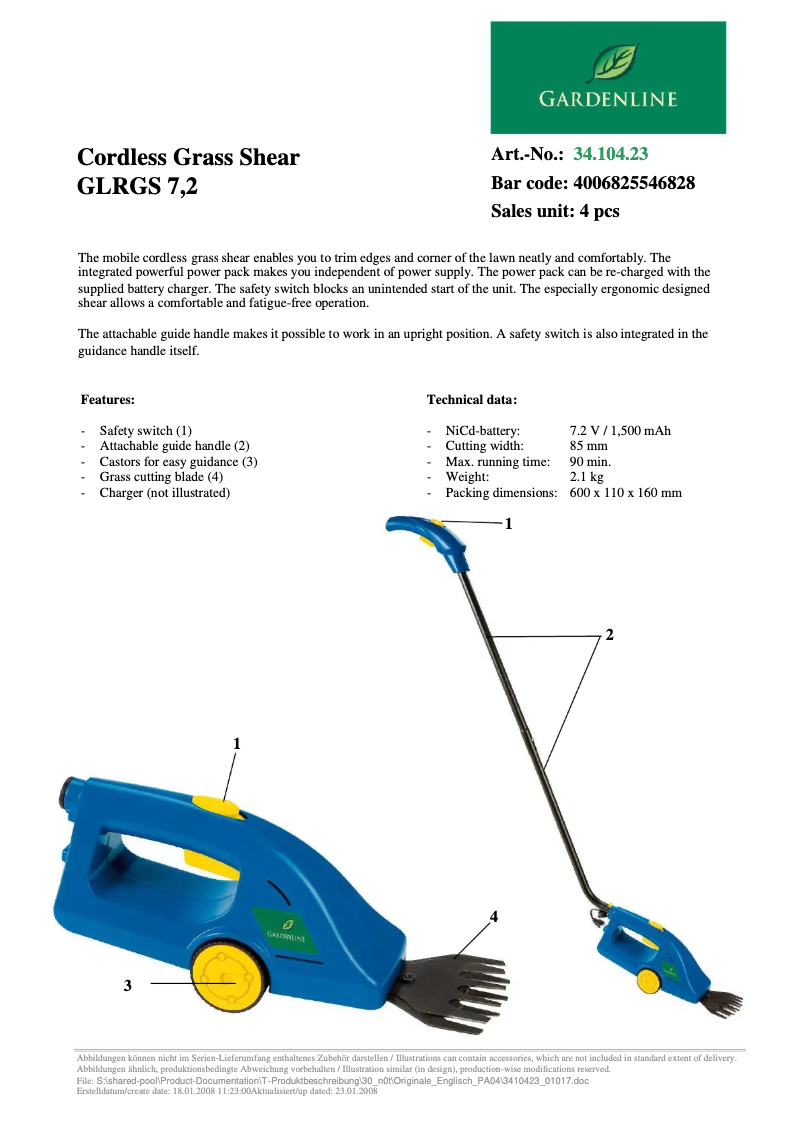 Página 1 del manual Ficha técnica Gardenline GLRGS 7,2