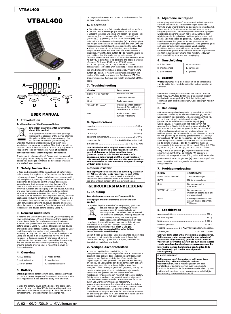 Page n°1 - Manuel utilisateur Perel VTBAL400