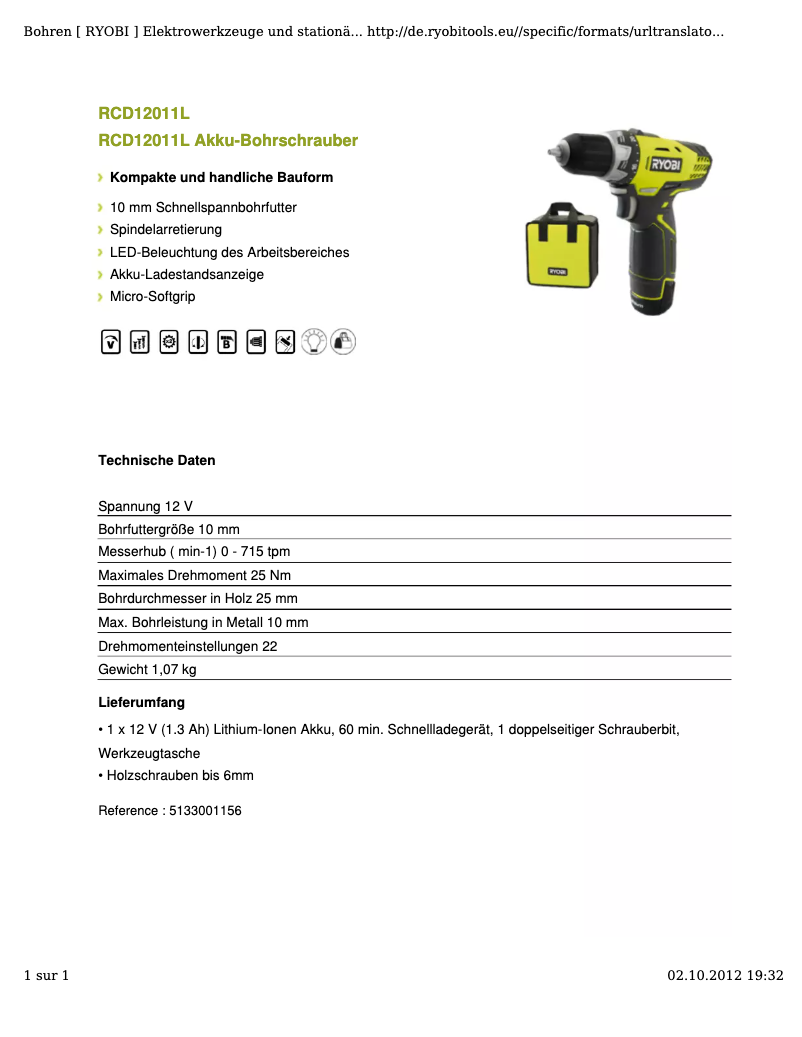 Page 1 de la notice Fiche technique RYOBI RCD12011L