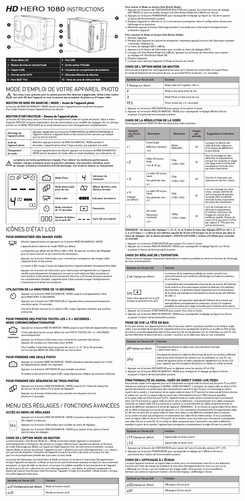 Page 1 de la notice Manuel utilisateur GoPro HD HERO