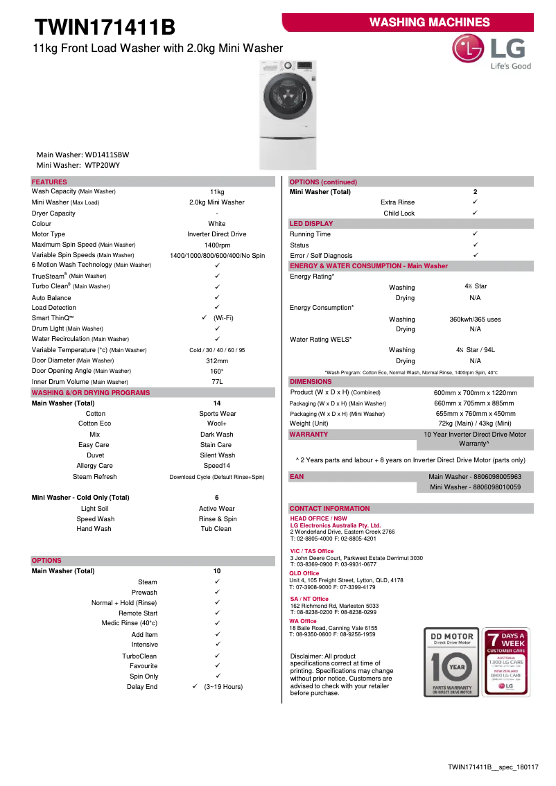 Page 1 de la notice Fiche technique LG TWIN171411B