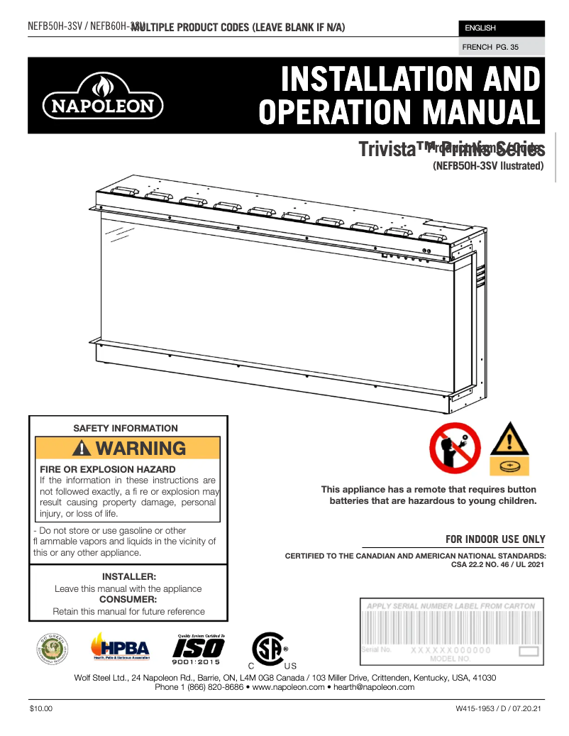 Page 1 de la notice Manuel utilisateur Napoleon Trivista Primis NEFB50H-3SV