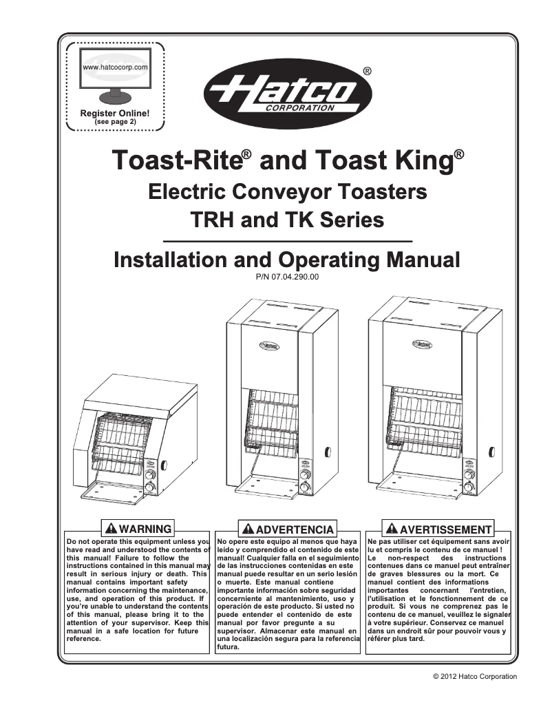 Page 1 de la notice Manuel utilisateur Hatco Toast King TK-100